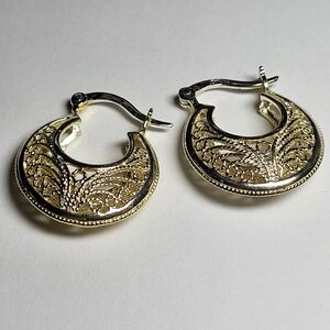 Vintage, Intricate Hoop Earrings Set In Gold Over .925 Sterling Silver